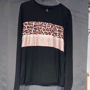 Black Long-Sleeve Top with Leopard & Rose Gold Band